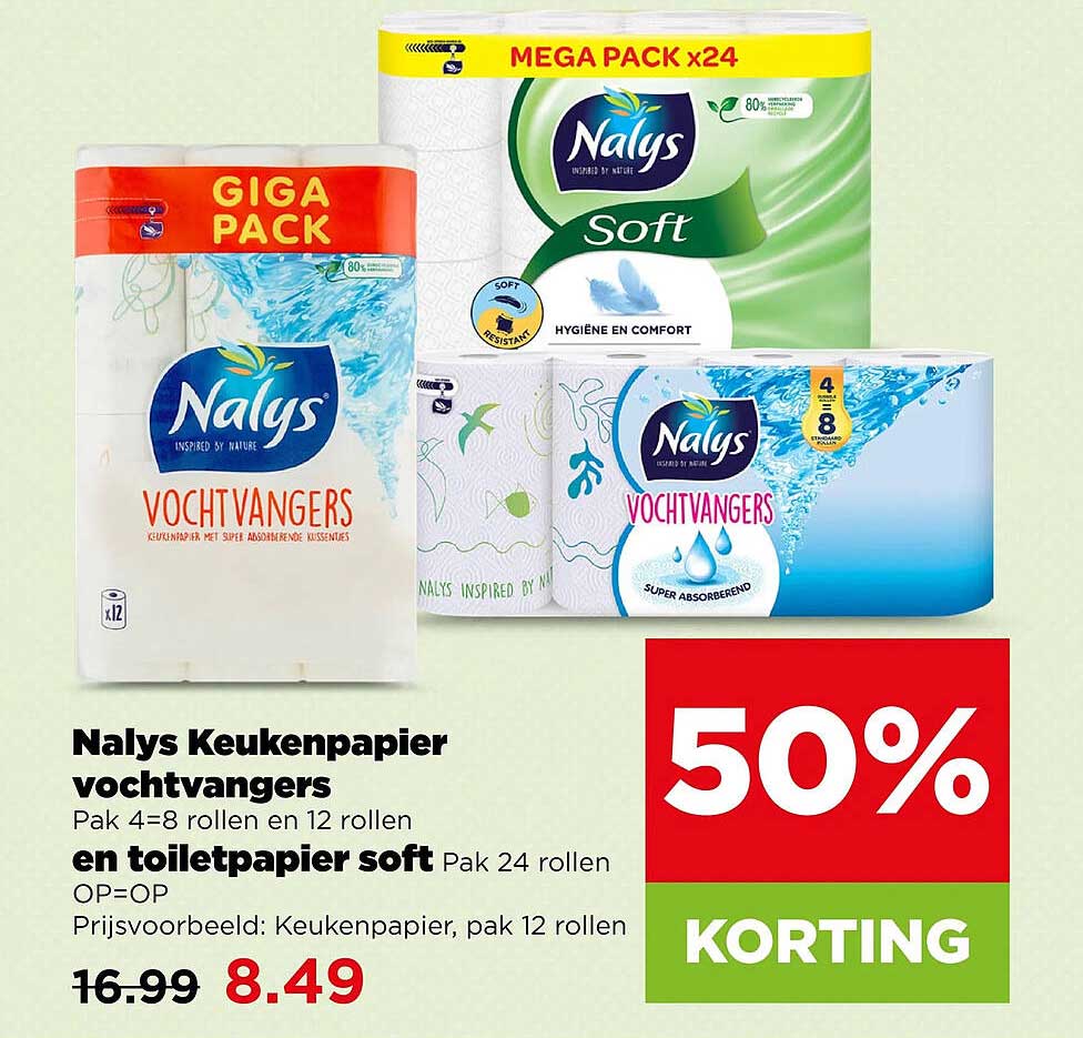 Nalys Keukenpapier vochtvangers en toiletpapier soft 50% korting
