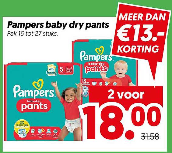 Pampers baby dry pants Pak 16 tot 27 stuks. 2 voor 18.00