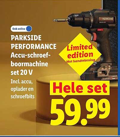 PARKSIDE PERFORMANCE Accu-schroef-borenset 20 V Incl. accu, oplader en schroefbits Hele set Limited edition Met handtekening