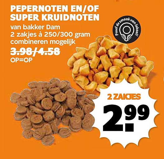 Pepernoten en/of super kruidnoten van bakker Dam 2 zakjes à 250/300 gram combineren mogelijk