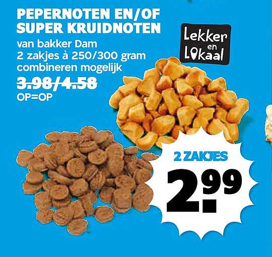 PEPERNOTEN EN/OF SUPER KRUIDNOTEN van bakker Dam 2 zakjes à 250/300 gram combineren mogelijk