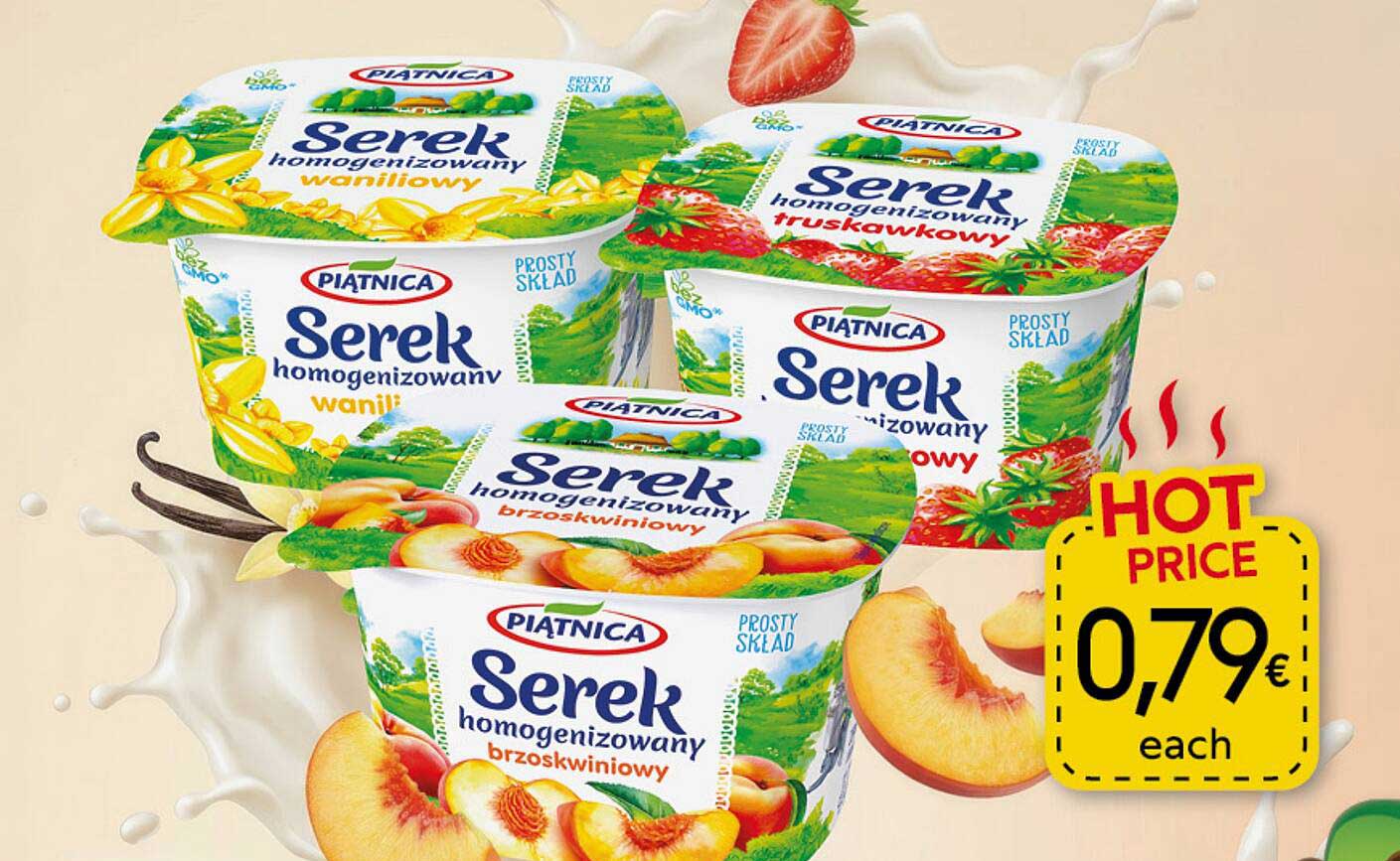 Piątnica Serek homogenizowany vanillia, truskawkowy, brzoskwiniowy