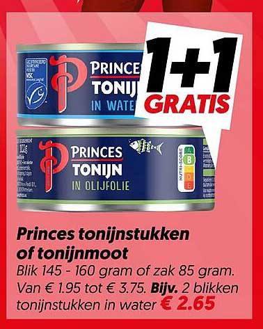 Princes tonijnstukken of tonijnmoot 1+1 gratis