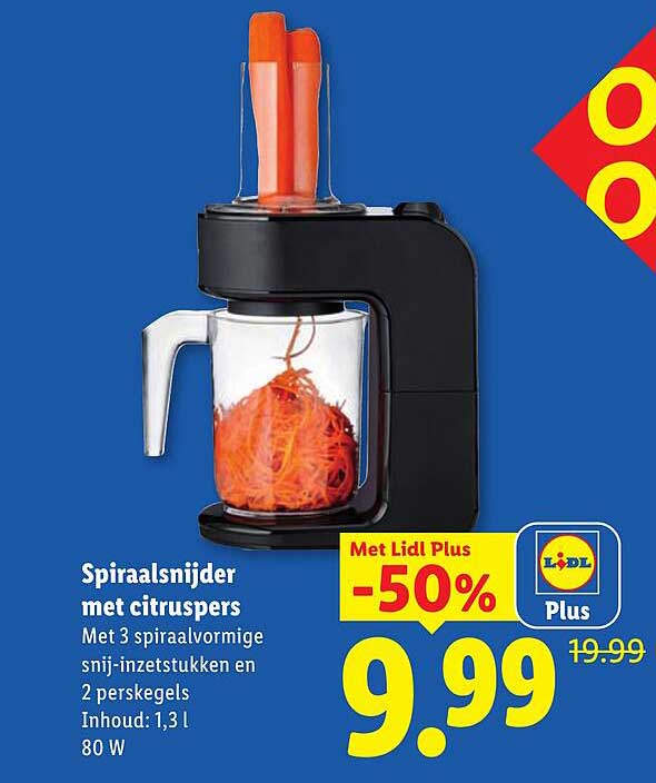 Spiraalsnijder met citruspers Met 3 spiraalvormige snij-inzetstukken en 2 perskegels Inhoud: 1,3 l 80 W Met Lidl Plus -50%