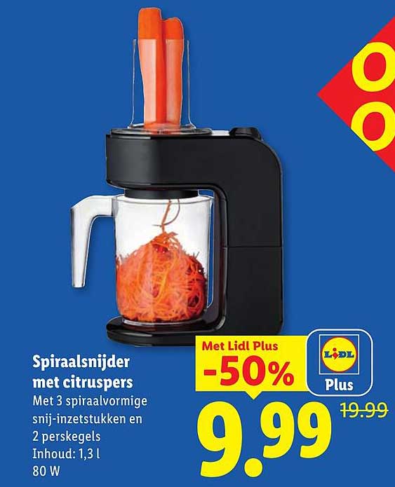 Spiraalsnijder met citruspers Met 3 spiraalvormige snij-inzetstukken en 2 perskegels Inhoud: 1,3 l 80 W