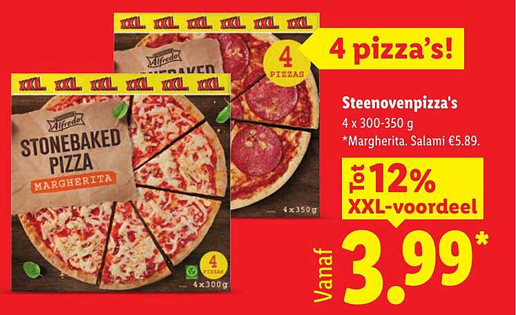 Steenovenpizza's 4 x 300-350 g *Margherita. Salami €5.89. Tot 12% XXL-voordeel