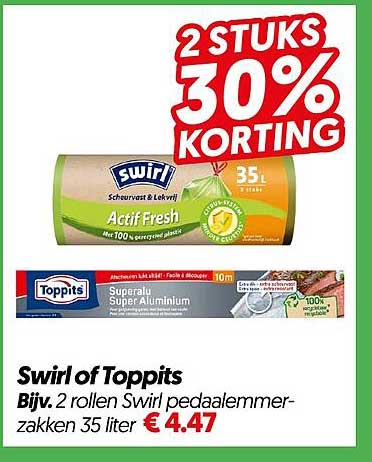 Swirl of Toppits Bijv. 2 rollen Swirl pedaalemmerzakken 35 liter 30% KORTING