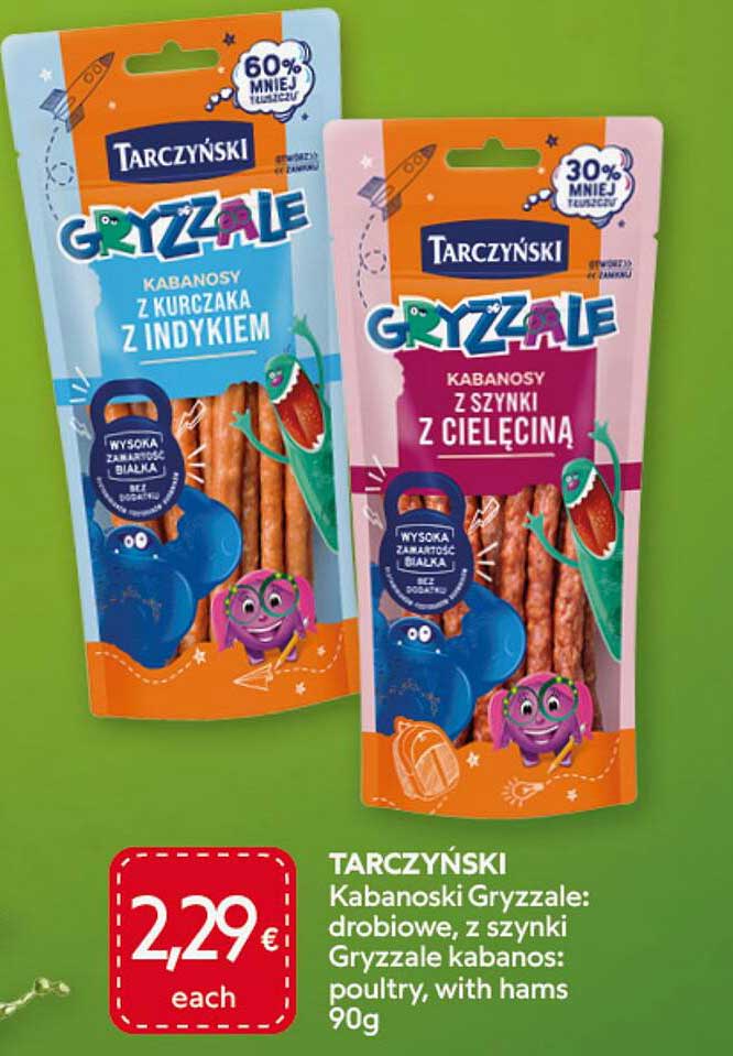 TARCZYŃSKI Kabanoski Gryzzale: drobiowe, z szynki Gryzzale kabanos: poultry, with hams 90g