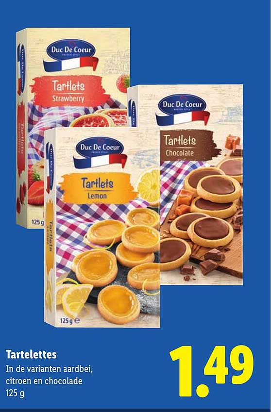 Tartelettes In de varianten aardbei, citroen en chocolade 125 g