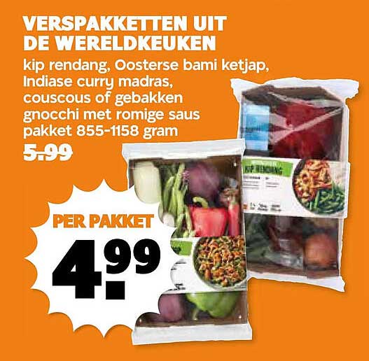 VERPAKKETTEN UIT DE WERELDKEUKEN kip rendang, Oosterse bami ketjap, Indiase curry madras, couscous of gebakken gnocchi met romige saus pakket 855-1158 gram