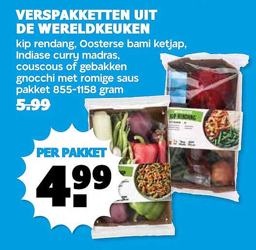 VERSPAKETTEN UIT DE WERELDEUKEN kip rendang, Oosterse bami ketjap, Indiase curry madras, couscous of gebakken gnocchi met romige saus pakket 855-1158 gram