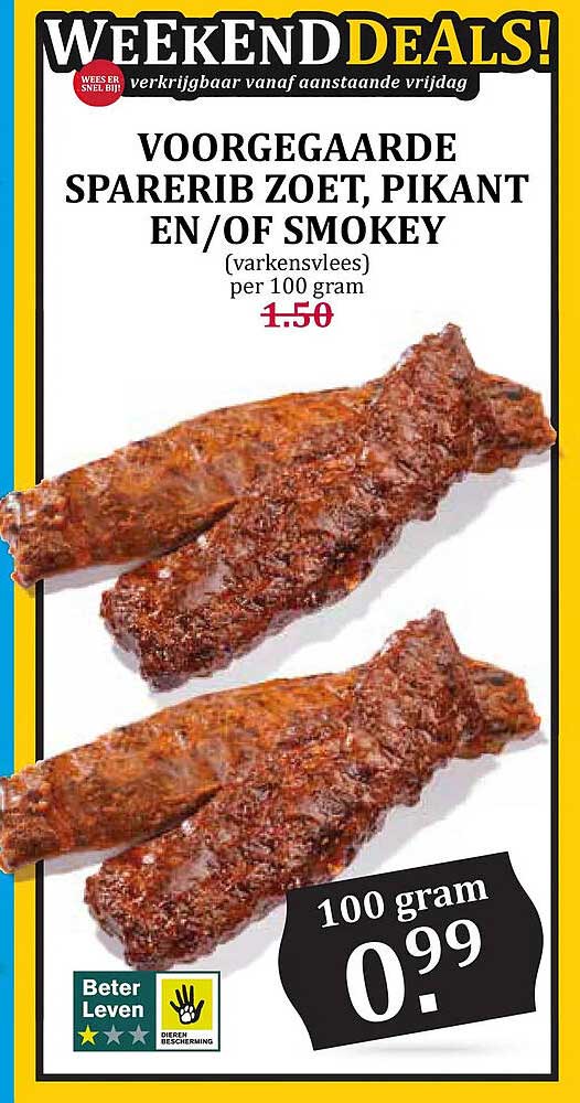 VOORGGAARDE SPARERIB ZOET, PIKANT EN/OF SMOKEY (varkensvlees) per 100 gram