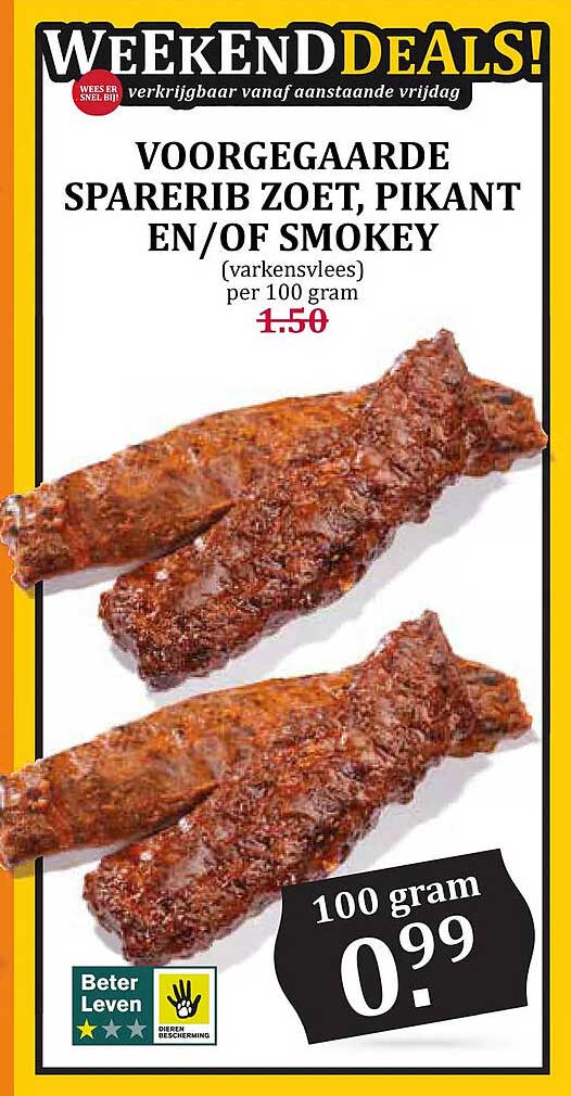 VOORGGAARDE SPARERIB ZOET, PIKANT EN/OF SMOKEY (varkensvlees) per 100 gram