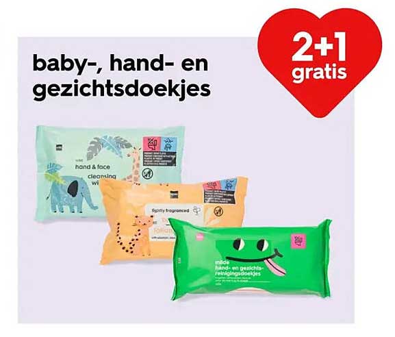 baby-, hand- en gezichtsdoekjes 2+1 gratis
