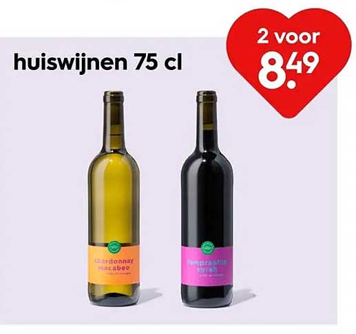 huiswijnen 75 cl 2 voor 8.49