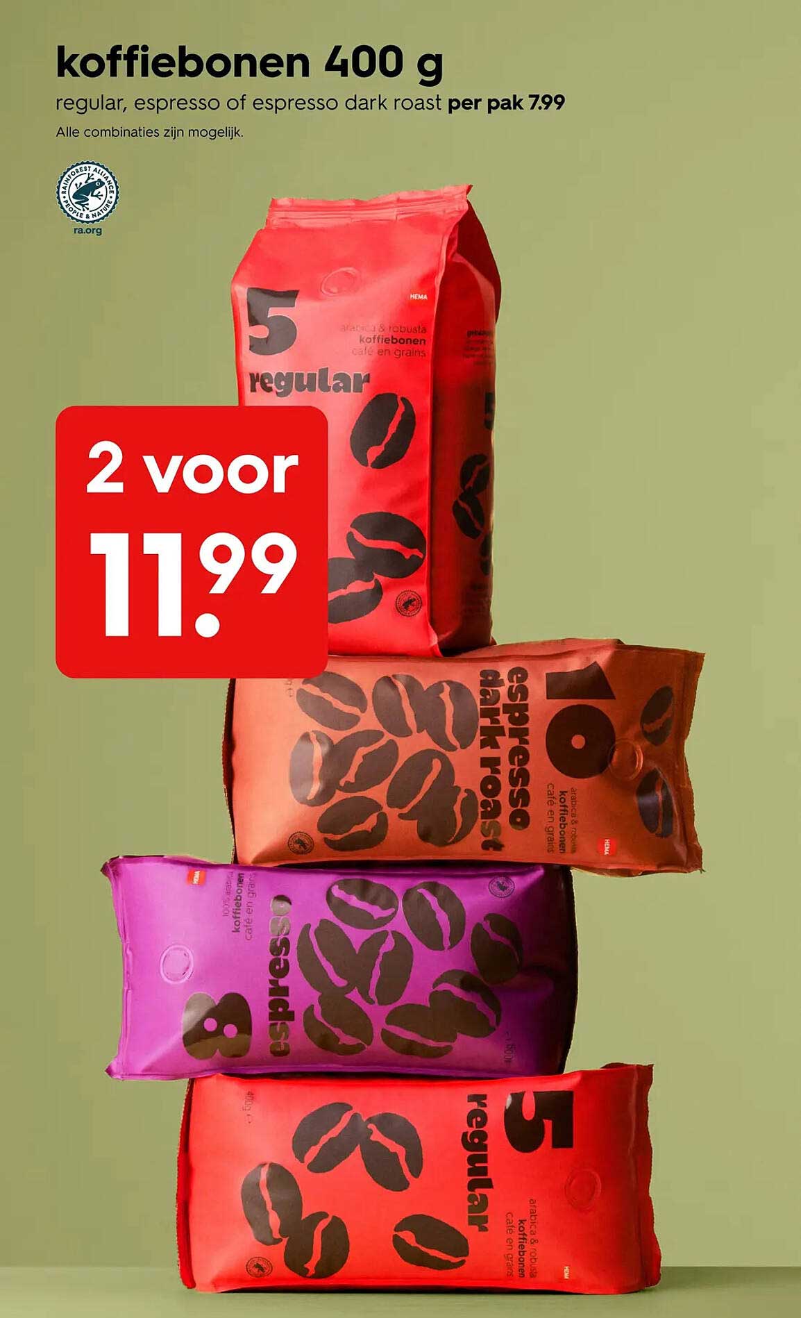 koffiebonen 400 g regular, espresso of espresso dark roast per pak 7.99 2 voor 11.99