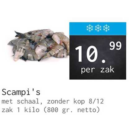 Scampi's met schaal, zonder kop 8/12 zak 1 kilo (800 gr. netto)