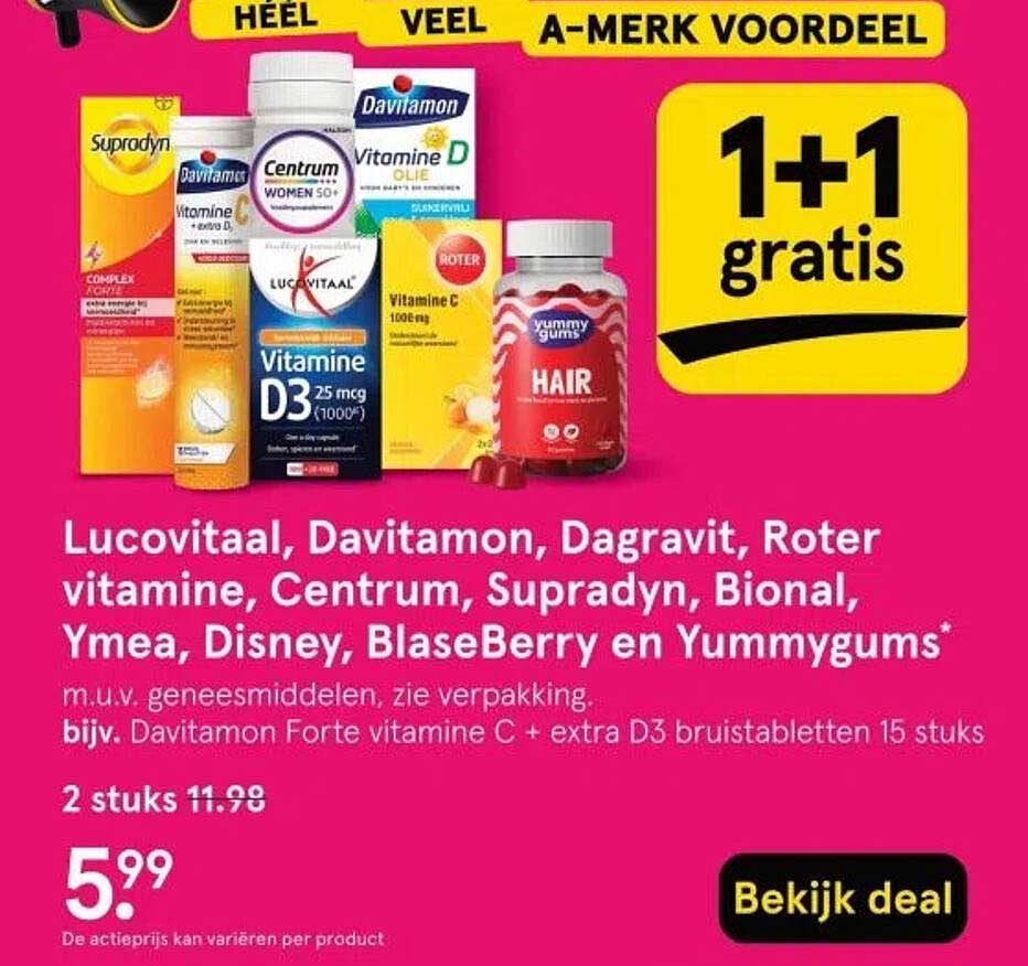 1+1 gratis op diverse A-merk vitamines en supplementen