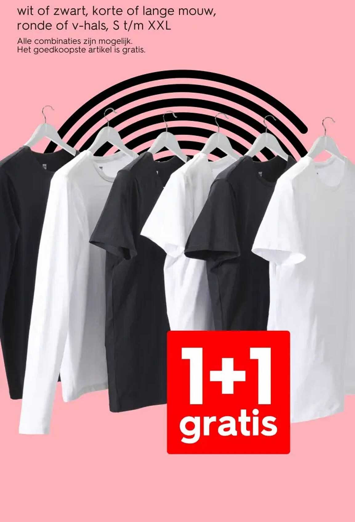 1+1 gratis op t-shirts in zwart en wit