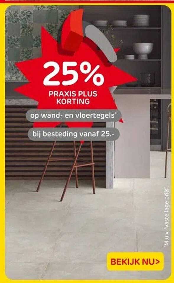 25% PRAKIS PLUS KORTING op wand- en vloertegels bij besteding vanaf 25.-