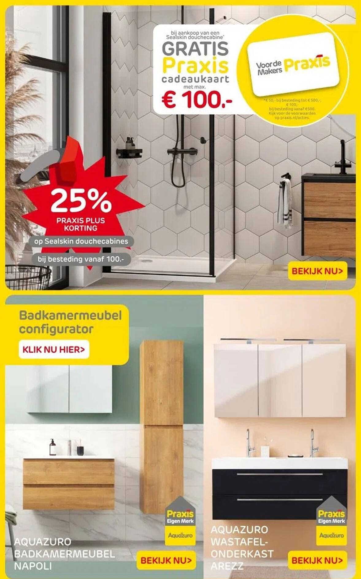 25% PRAKTIJS PLUS KORTING op Sealskin douchecabines bij bestelling vanaf 100.-