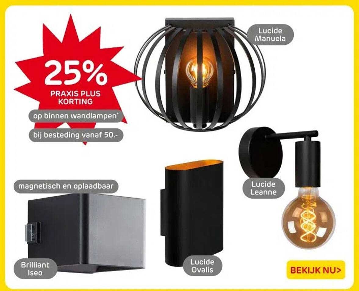 25% PRAxis Plus korting op binnen wandlampen bij besteding vanaf 50.-