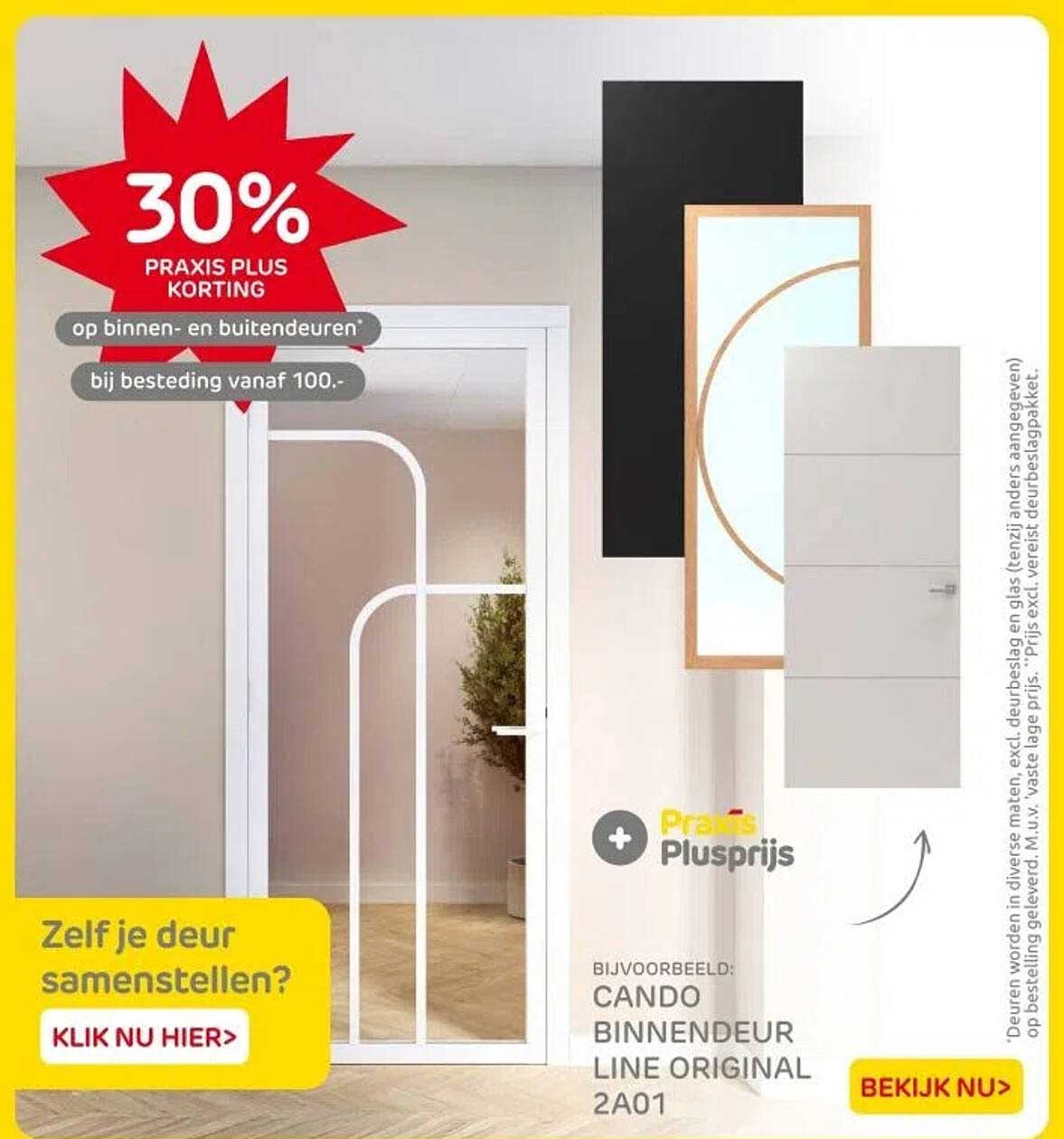 30% PRAKIS PLUS KORTING op binnen- en buitendeuren bij besteding vanaf 100,-.