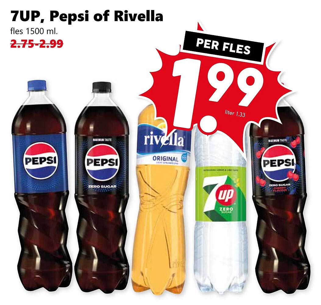 7UP, Pepsi of Rivella fles 1500 ml.