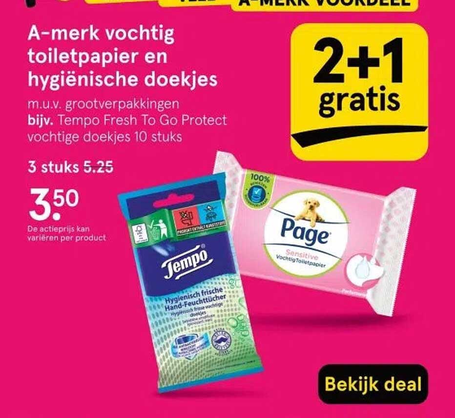 A-merk vochtige toiletpapier en hygiënische doekjes, 2+1 gratis