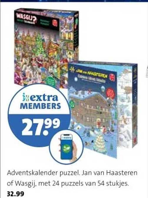 Adventskalender puzzel. Jan van Haasteren of Wasgij, met 24 puzzels van 54 stukjes.