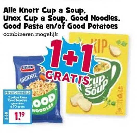 Alle Knorr Cup a Soup, Unox Cup a Soup, Good Noodles, Good Pasta en/of Good Potatoes