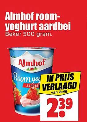 Almhof room-yoghurt aardbei Beker 500 gram