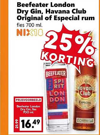 Beefeater London Dry Gin, Havana Club Original of Especial rum fles 700 ml.