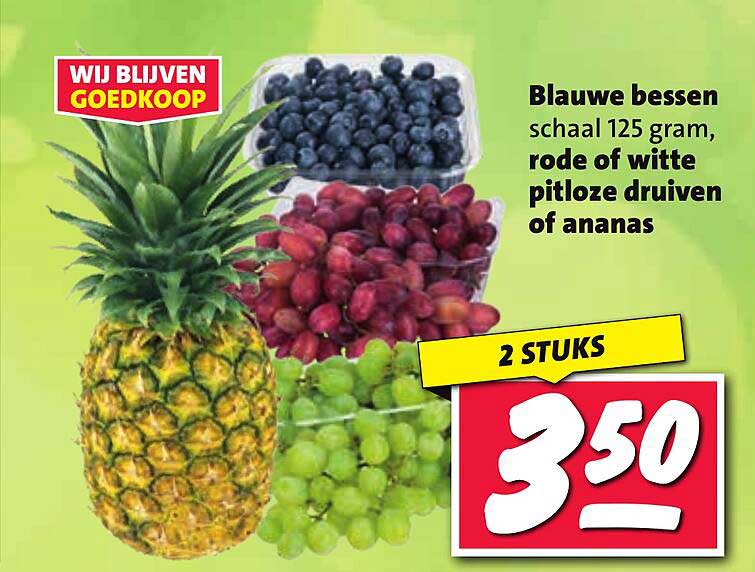 Blauwe bessen schaal 125 gram, rode of witte pitloze druiven of ananas