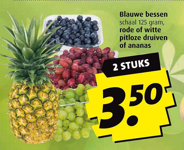 Blauwe bessen schaal 125 gram, rode of witte pitloze druiven of ananas