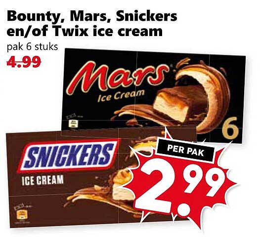 Bounty, Mars, Snickers en/of Twix ice cream pak 6 stuks