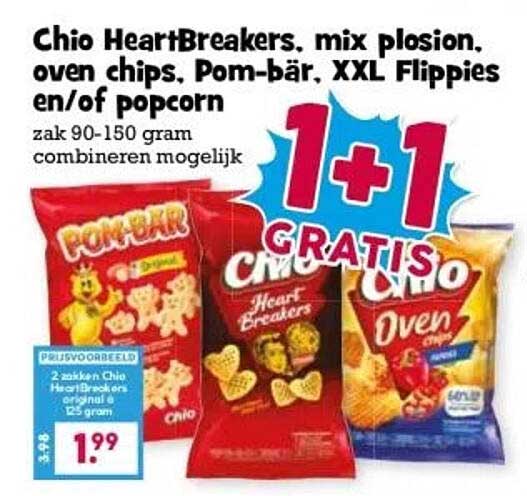 Chio HeartBreakers, mix plosion, oven chips, Pom-bär, XXL Flippies en/of popcorn