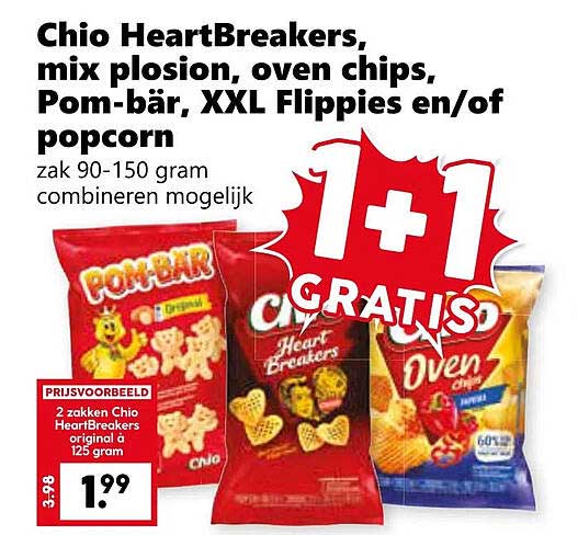 Chio HeartBreakers, mix plosion, oven chips, Pom-bär, XXL Flippies en/of popcorn