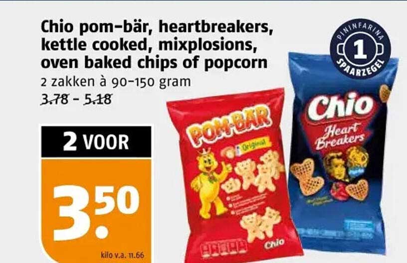 Chio pom-bär, heartbreakers, kettle cooked, mixplosions, oven baked chips of popcorn
