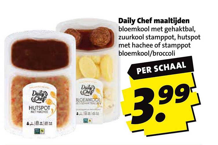 Daily Chef maaltijden bloemkool met gehaktbal, zuurkool stamppot, hutspot met hachee of stamppot bloemkool/broccoli