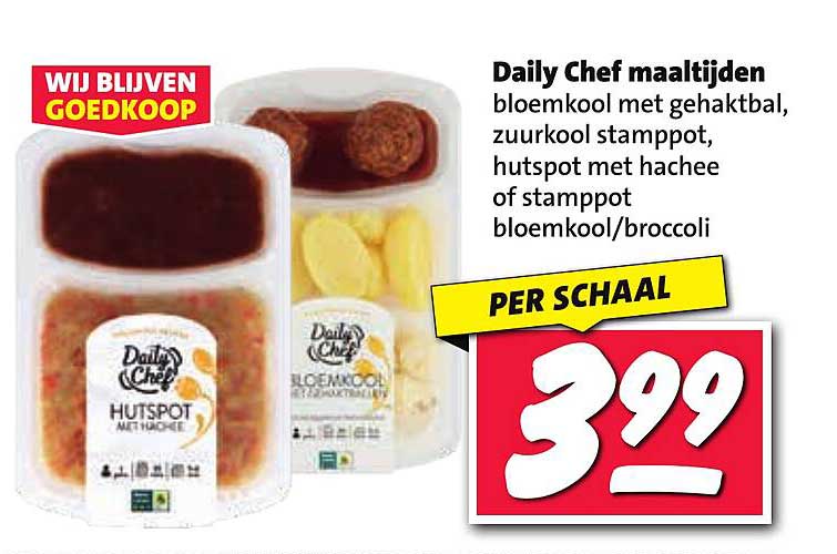 Daily Chef maaltijden bloemkool met gehaktbal, zuurkool stamppot, hutspot met hachee of stamppot bloemkool/broccoli