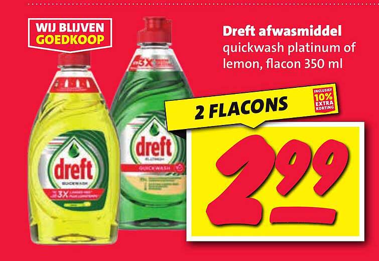 Dreft afwasmiddel quickwash platinum of lemon, flacon 350 ml
