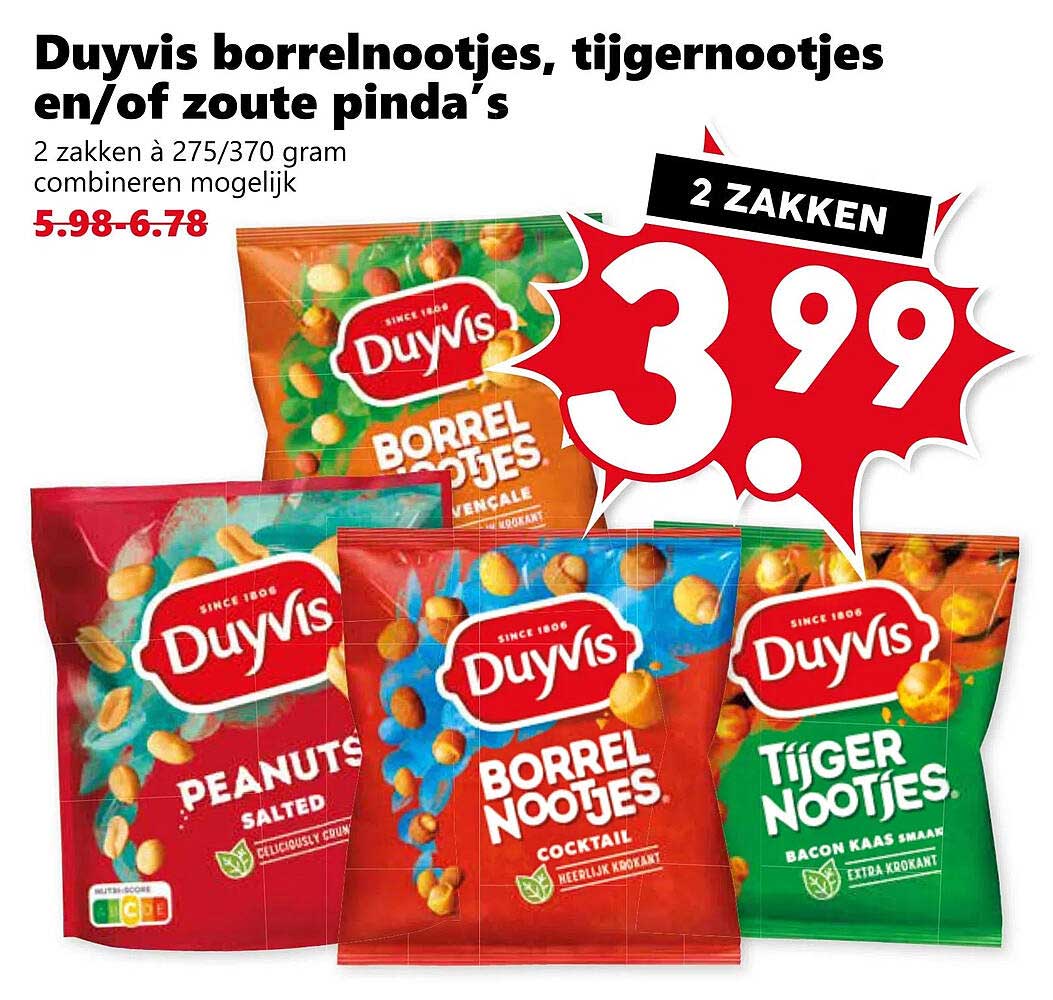 Duyvis borrelnootjes, tijgernootjes en/of zoute pinda's