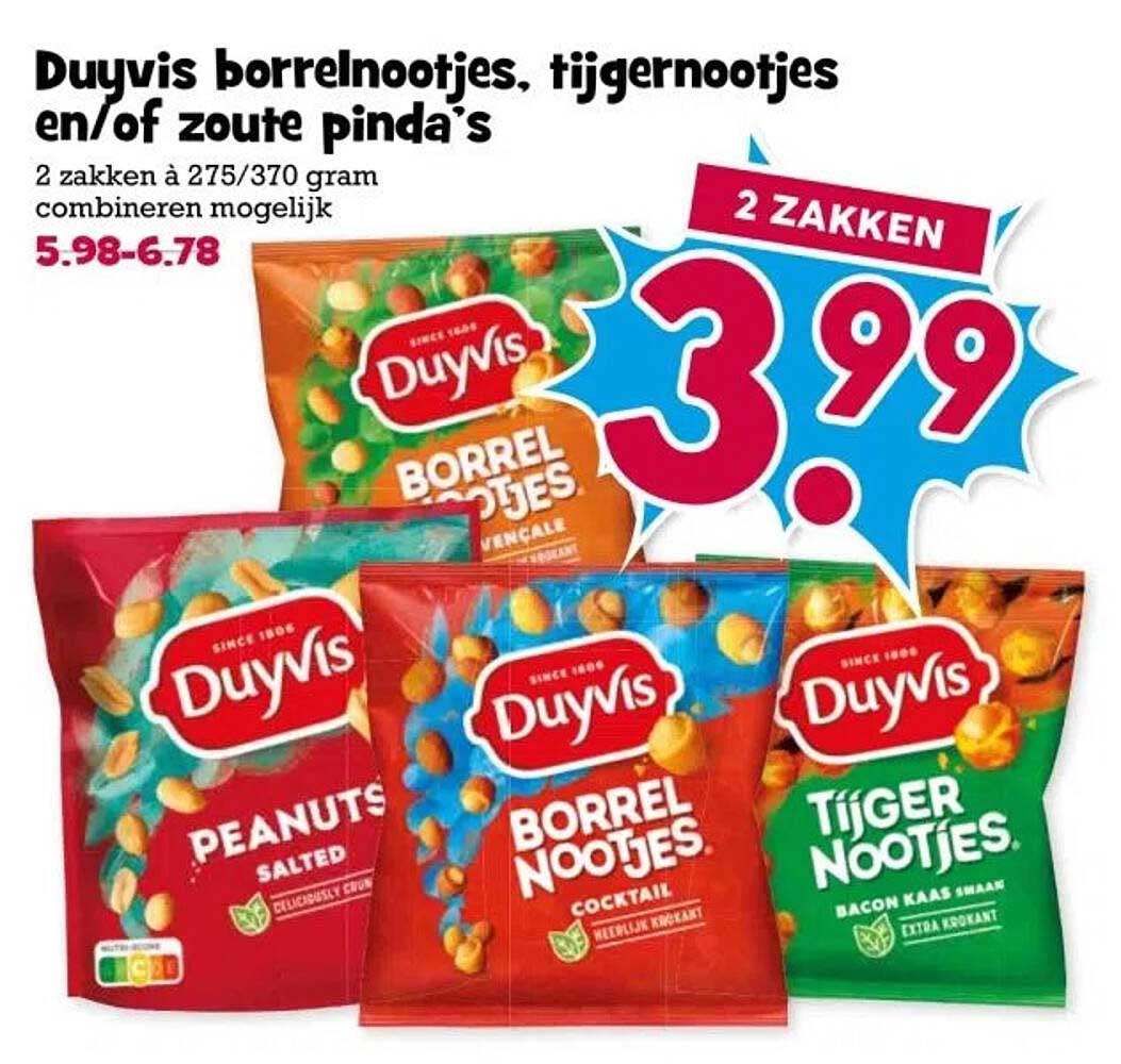 Duyvis borrelnootjes, tijgernootjes en/of zoute pinda's