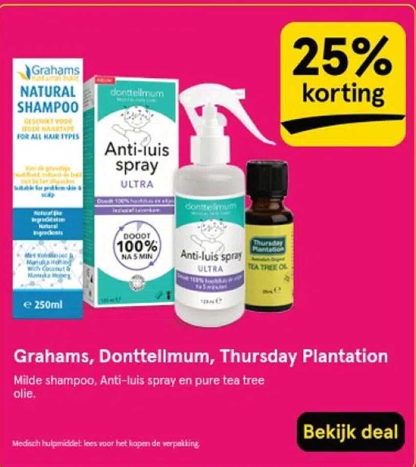 Grahams, Donttellmum, Thursday Plantation: Milde shampoo, Anti-luis spray en pure tea tree olie.