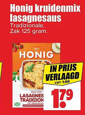 Honig kruidenmix lasagnesaus Traditionale. Zak 125 gram.
