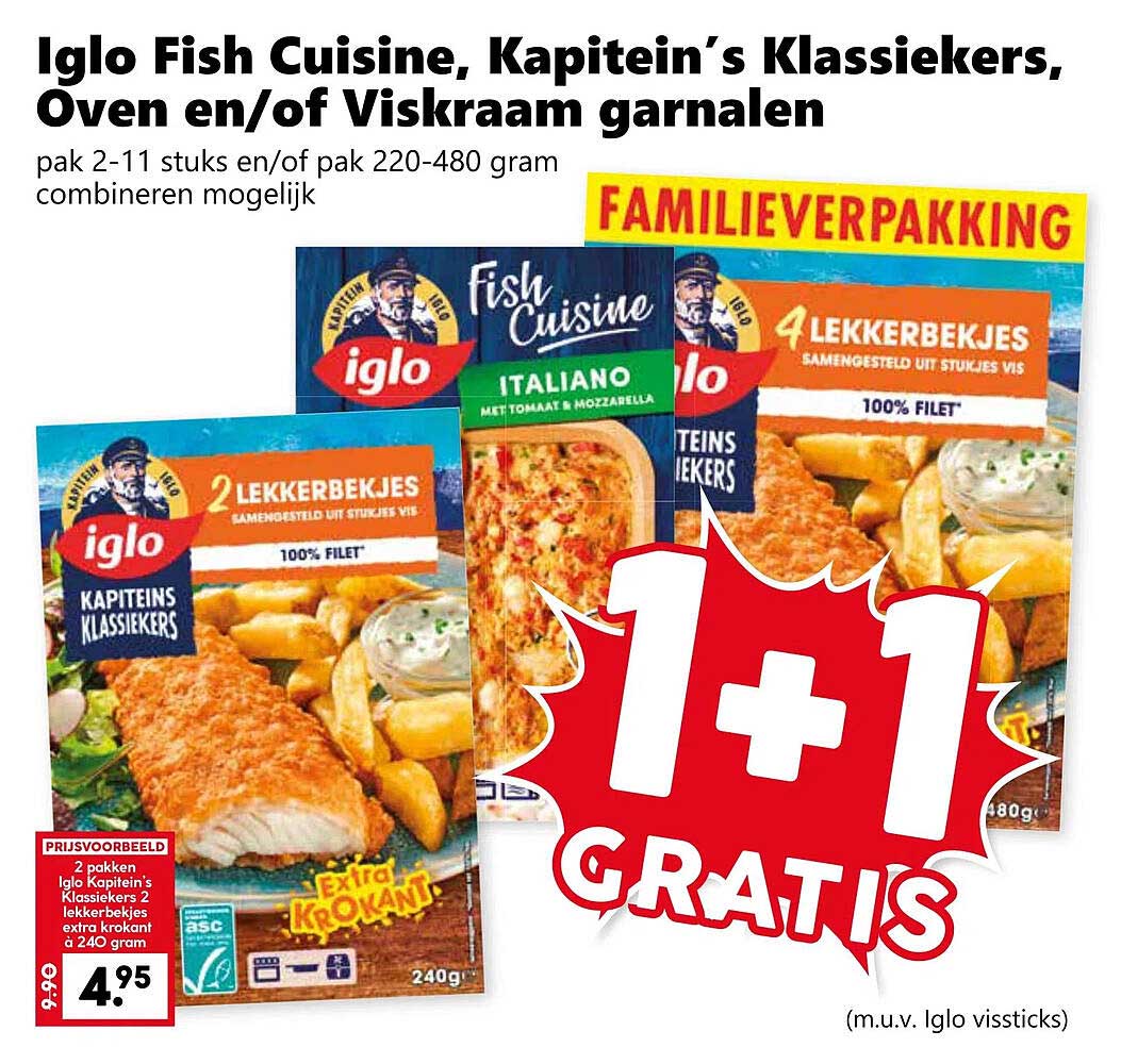 Iglo Fish Cuisine, Kapitein’s Klassiekers, Oven en/of Viskraam garnalen pak 2-11 stuks en/of pak 220-480 gram combineren mogelijk