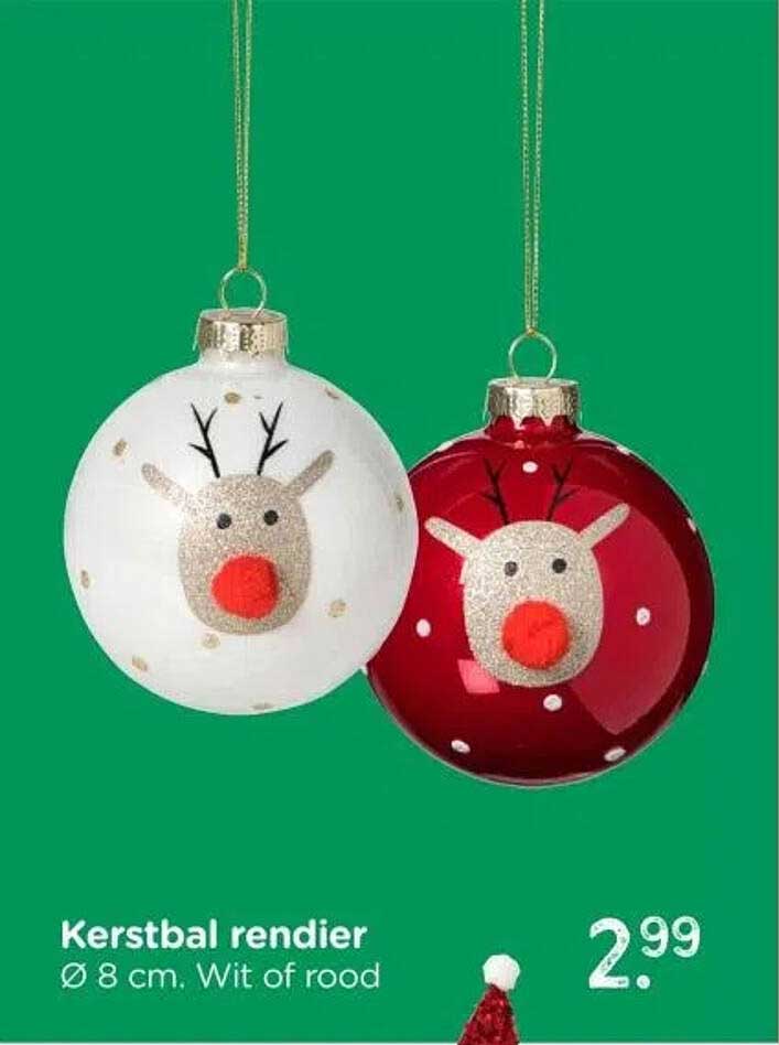 Kerstbal rendier Ø 8 cm. Wit of rood