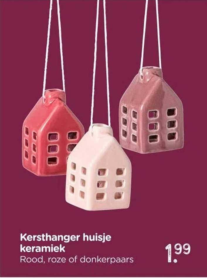 Kersthanger huisje keramiek Rood, roze of donkerpaars