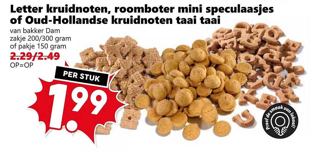 Letter kruidnoten, roomboter mini speculaasjes of Oud-Hollandse kruidnoten taai taai van bakkers Dam zakje 200/300 gram of pakje 150 gram